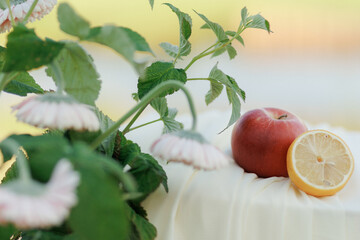 Fresh Apple and Lemon with Flowers in Soft Natural Light