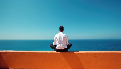 Man meditates in lotus pose on orange wall overlooking blue ocean. Clear sky above sea. Calm, peaceful seaside retreat. Practicing mindfulness by water.