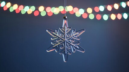 Crystal snowflake ornament with colorful string lights in background