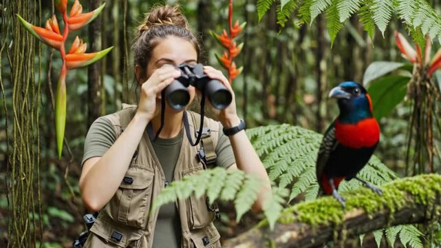 A joyful individual in safari-style attire actively engages in birdwatching amidst a vibrant tropical rainforest. With binoculars raised, this smiling adventurer observes a magnificent, colorful exoti