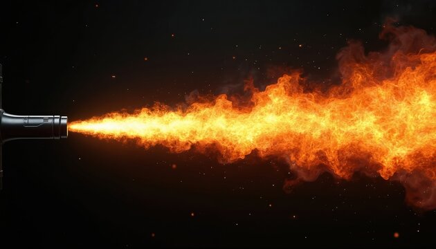 Illustration of fiery jet stream against black background. Blazing orange flames emanate from the nozzle. Abstract illustration represents energy power intense movement speed and impact.