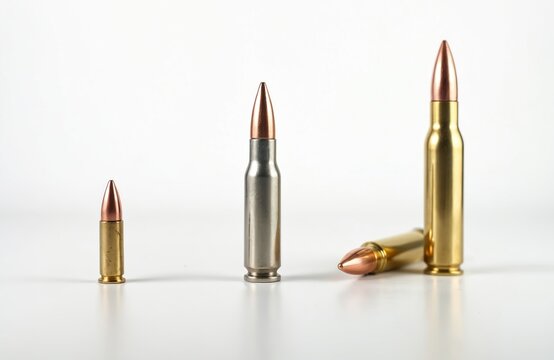 Various bullets and cartridges arranged on a white surface. Different calibers and materials are visible, including brass and silver colored shells.