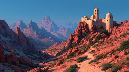 A stunning castle perched atop rocky hills, surrounded by vibrant red mountains under a colorful sky. The landscape is serene and majestic.
