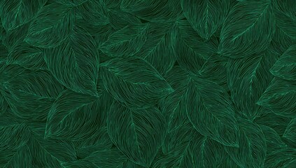 A detailed illustration of layered, dark green leaves with textured veins creating a dense natural pattern