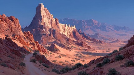 Naklejka premium A breathtaking desert landscape featuring a majestic ancient castle perched atop a rocky formation under a clear blue sky. The scene evokes a sense of history and adventure.