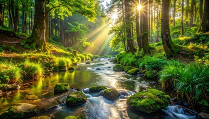 Sunlit forest stream flows over mossy rocks in a vibrant, lush woodland setting.