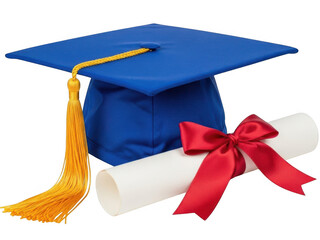 Blue graduation cap with yellow tassel and rolled diploma tied with a red ribbon, isolated on transparent background