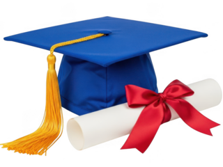 Blue graduation cap with yellow tassel and rolled diploma tied with a red ribbon, isolated on transparent background