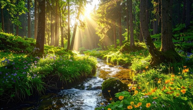 Sunbeams pierce through a lush, vibrant forest canopy illuminating a winding stream surrounded by wildflowers.