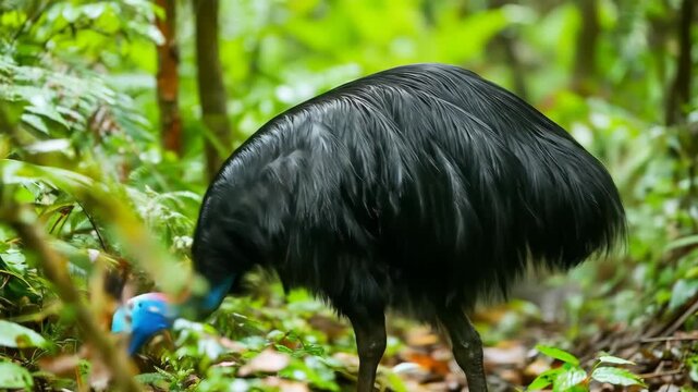 A colorful cassowary is walking in its natural habitat. The flightless bird is native to the rainforests, where it forages for food.