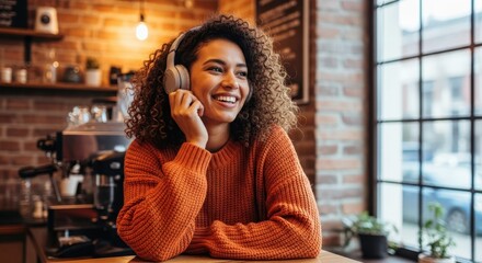Serene Soundtrack: A woman smiles contentedly, immersing herself in music through her headphones, within a cozy coffee shop. Capturing moments of peace, enjoyment, and modern lifestyle.