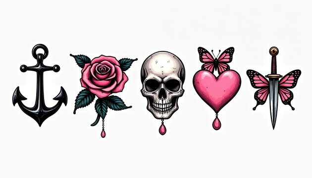 Collection of traditional tattoo style icons anchor, pink rose, skull, heart with butterfly, dagger with butterfly. Bold chalk art on white background.