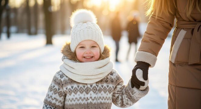 Winter Walk: A child in cozy winter wear holds hands with a person, embarking on a heartwarming stroll through a snow-covered park on a crisp winter day.