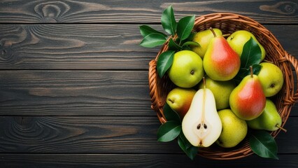 Pears in a Basket: A rustic wooden basket overflows with a vibrant collection of ripe pears, showcasing a medley of green and red hues, set against the backdrop of a weathered wooden table.