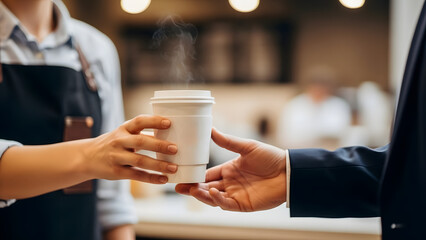 Barista's hands serving a steaming hot coffee in a disposable cup to a customer in a suit, emphasizing excellent cafe service and morning coffee rituals