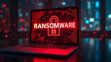 A laptop screen displays the word 'RANSOMWARE' in bold red, surrounded by digital effects, symbolizing cybersecurity threats.