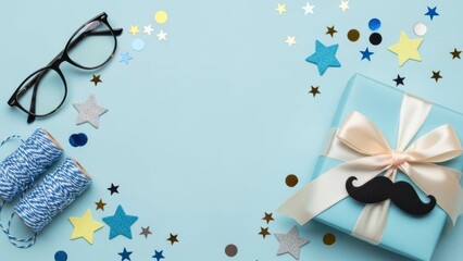 Father's Day Composition: An eye-level shot captures a curated selection of Father's Day elements with eyeglasses, gift box, mustache, and decorative elements creating a festive atmosphere.