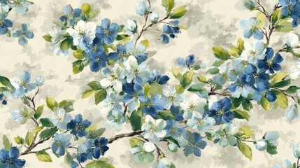 Delicate floral branches with blue and white blossoms against a softly textured background