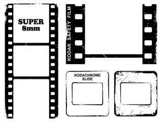 Obraz premium Collection of distressed vintage film and retro photography slide frame graphic elements for creative design projects, showcasing classic media styles