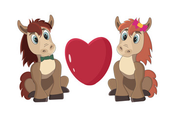 Fototapeta premium Cute Horse Couple Clipart with Heart – Valentine Love Elements for Cards, Stickers and Designs