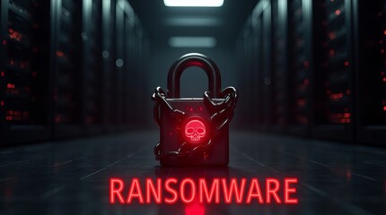A dark, cyber-themed image featuring a padlock with chains and a skull, symbolizing ransomware threats in data security.