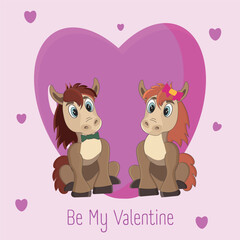 Pink Valentine Card with Cute Horse Couple, Big Heart Background and “Be My Valentine” Text – Romantic Kids Style