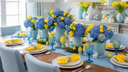 Springtime Celebration: A beautifully set dining table, adorned with vibrant blue and yellow floral arrangements, Easter eggs, and elegant place settings.