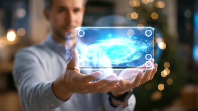 Digital holographic space routes with faceless analyst hand gesturing, defocused Christmas constellation patterns, winter deep space exploration planning, holiday interplanetary vi
