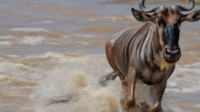 A determined wildebeest powerfully strides through turbulent river waters, showcasing its strength during the challenging animal migration.