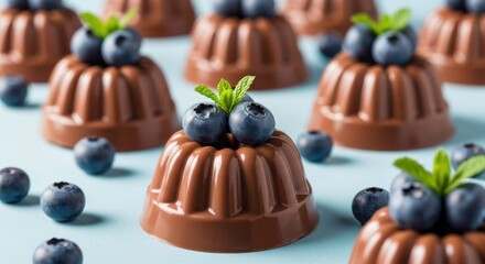 Chocolate Pudding with Blueberries: A delightful arrangement of chocolate pudding desserts, each adorned with a cluster of fresh blueberries and mint leaves, inviting indulgence and visual appeal.