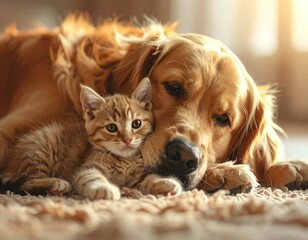 A Golden Retriever dog and an orange tabby kitten cuddle together warmly indoors.