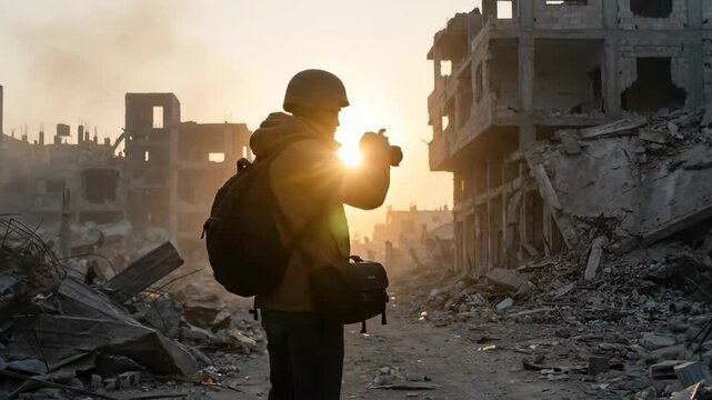 Man military journalist observing ruins and photographing destroyed building with camera during sunset covering conflict zones.