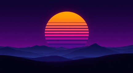 Vibrant striped sun setting over minimalist mountains in a synthwave aesthetic for a retro-futuristic landscape concept and digital dream
