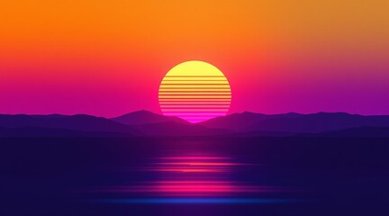 Retro-futuristic sunset with glowing horizontal lines over mountains and water for an 80s aesthetic concept and vibrant digital landscape