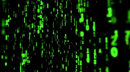 Dynamic digital data stream of glowing green binary code on black background for network security concept and futuristic technology