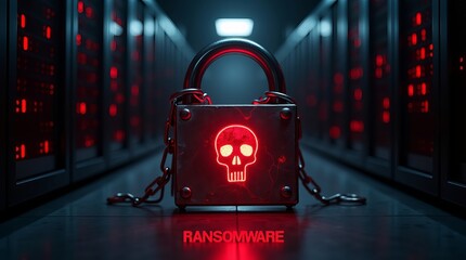 A digital padlock with a glowing skull symbol, representing ransomware threats in a cyber environment.