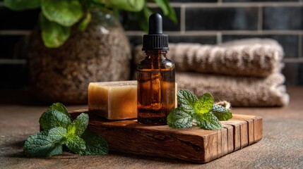 Naklejka premium Aromatherapy oil and mint leaves for natural skincare 