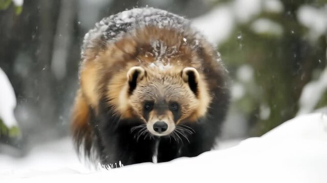 A wolverine strides through snowy terrain, its dense fur protects it from the winter chill as it navigates the landscape.