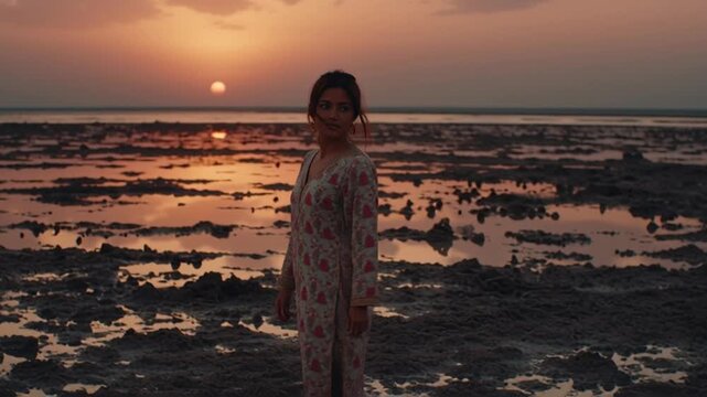 Young woman watches a breathtaking sunset over a vast, reflective salt flat landscape, turning to reveal her serene face.