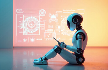 White robot sits on floor, holds tablet computer. Holographic screen shows complex diagrams, data. Future tech, AI learning, digital transformation concept.