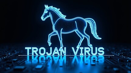 A glowing blue outline of a horse symbolizes a Trojan virus in a digital setting, evoking a tech-savvy atmosphere.