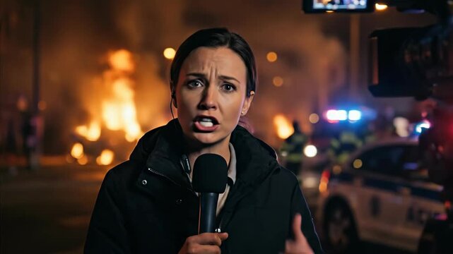 Woman military correspondent reporting live from burning street with police car and camera
