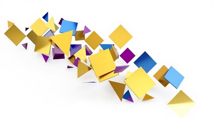 Dynamic metallic golden, blue, and purple geometric shapes floating against a clean white background for abstract business innovation concept