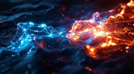 Dynamic blue and orange energy waves interacting on a dark digital background for data flow concept and technological innovation