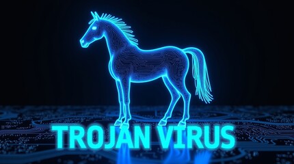 A glowing blue unicorn silhouette symbolizing a Trojan virus in a digital environment.