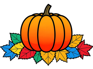 Naklejka premium Vibrant Autumn Pumpkin with Colorful Fall Leaves - Festive and Whimsical Harvest Illustration
