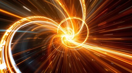 Vibrant orange and white abstract light streaks forming a dynamic spiraling vortex for futuristic data speed concept and energy technology