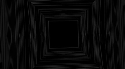 Abstract dark geometric tunnel with repeating lines receding into a deep void for technological data flow concept and mysterious futuristic background