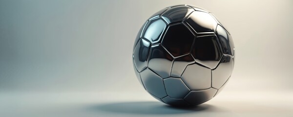 Metallic soccer ball on white background. Shiny chrome football isolated. Sports theme concept for modern design. 3D render of glossy silver sphere with polygonal panels.