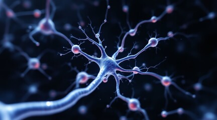 Detailed 3D rendering of human brain neurons firing and connecting on a dark background for neuroscience and artificial intelligence concept
